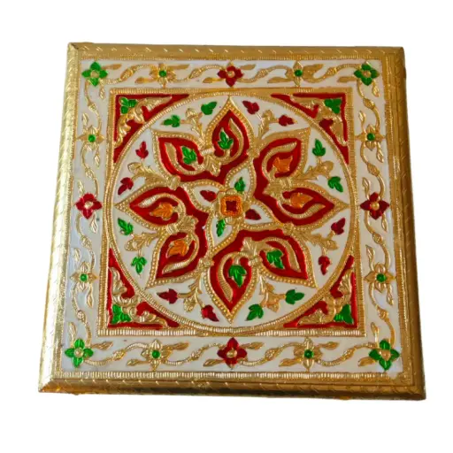 Golden Meena Flower Design Wooden Stool Chowki